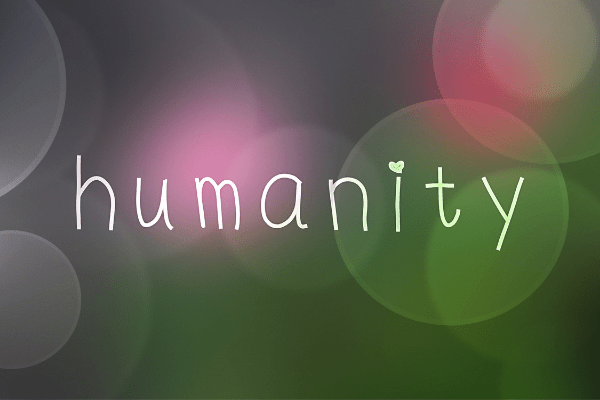 the word humanity on green and purple background
