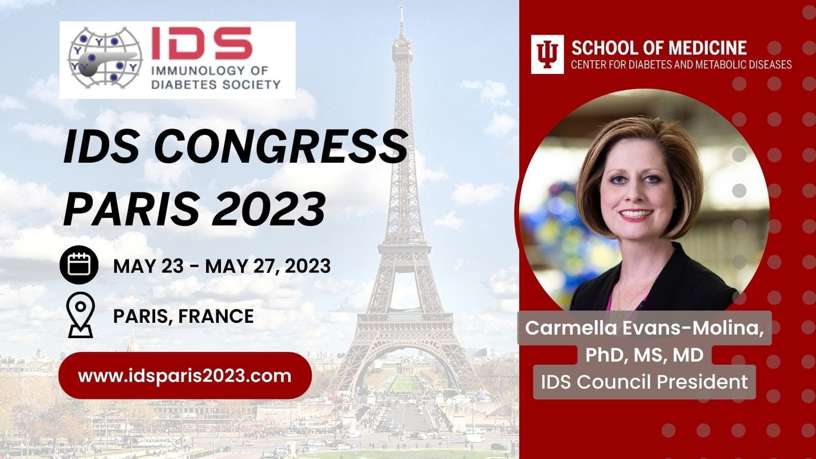 decorative graphic with details about the IDS Congress and a headshot of Carmella Evans-Molina
