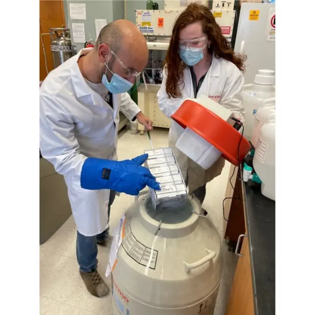 Fabrizio Pin, PhD, and Alyson Essex working in the Bonetto Lab