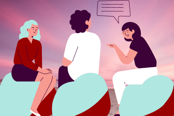 Three people talking with clouds in background