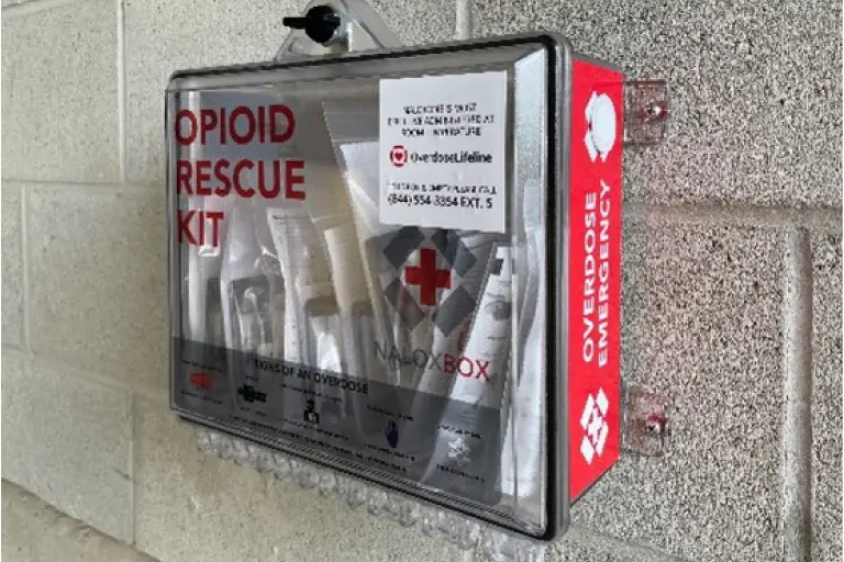 The Naloxbox at IUPUI, containing opioid rescue kits (Narcan). 