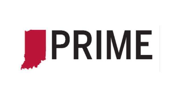 Red shape of the state of Indiana and the word PRIME in black capital letters..