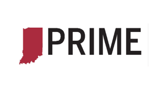 Red shape of the state of Indiana and the word PRIME in black capital letters..