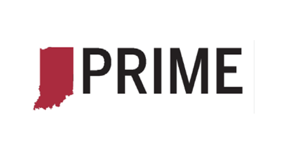 Red shape of the state of Indiana and the word PRIME in black capital letters..