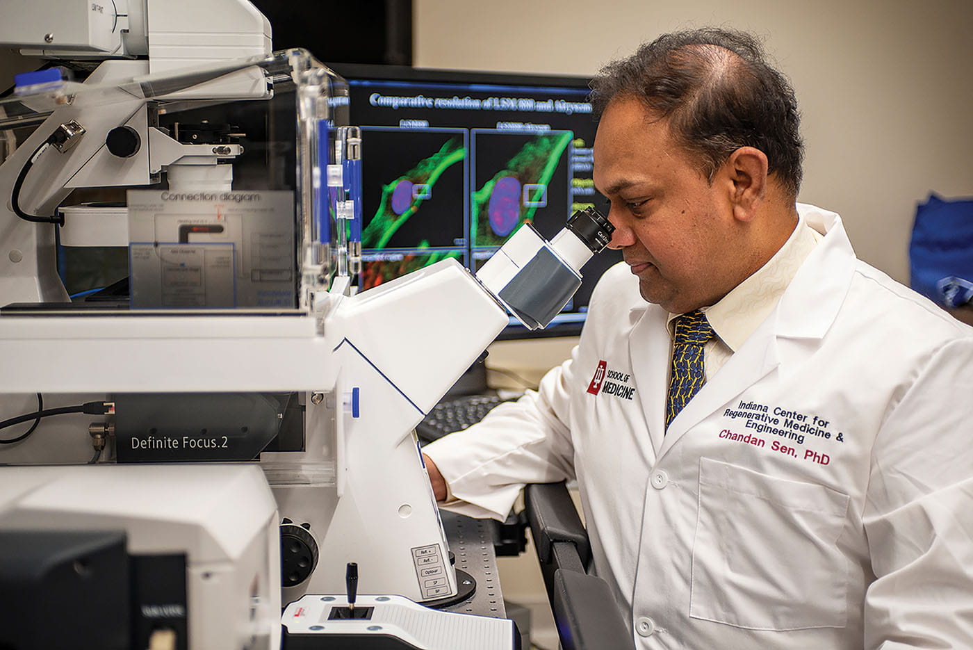 Chandan Sen, PhD, works in his lab at the Indiana Center for Regenerative Medicine and Engineering at IU School of Medicine. Dr. Sen in the lab
