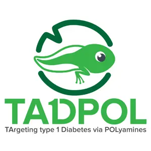 Clinical research study logo of cartoon tadpole on a lilly pad with "TArgeting type 1 Diabetes via POLyamines" text underneath