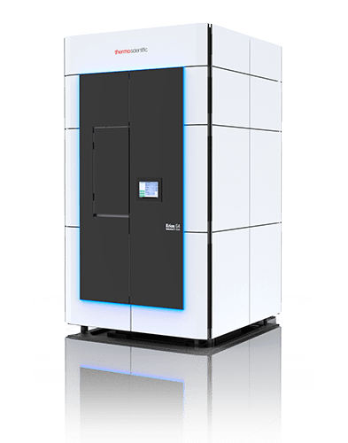 the titan krios microscope is a futuristic white paneled box with a large black door