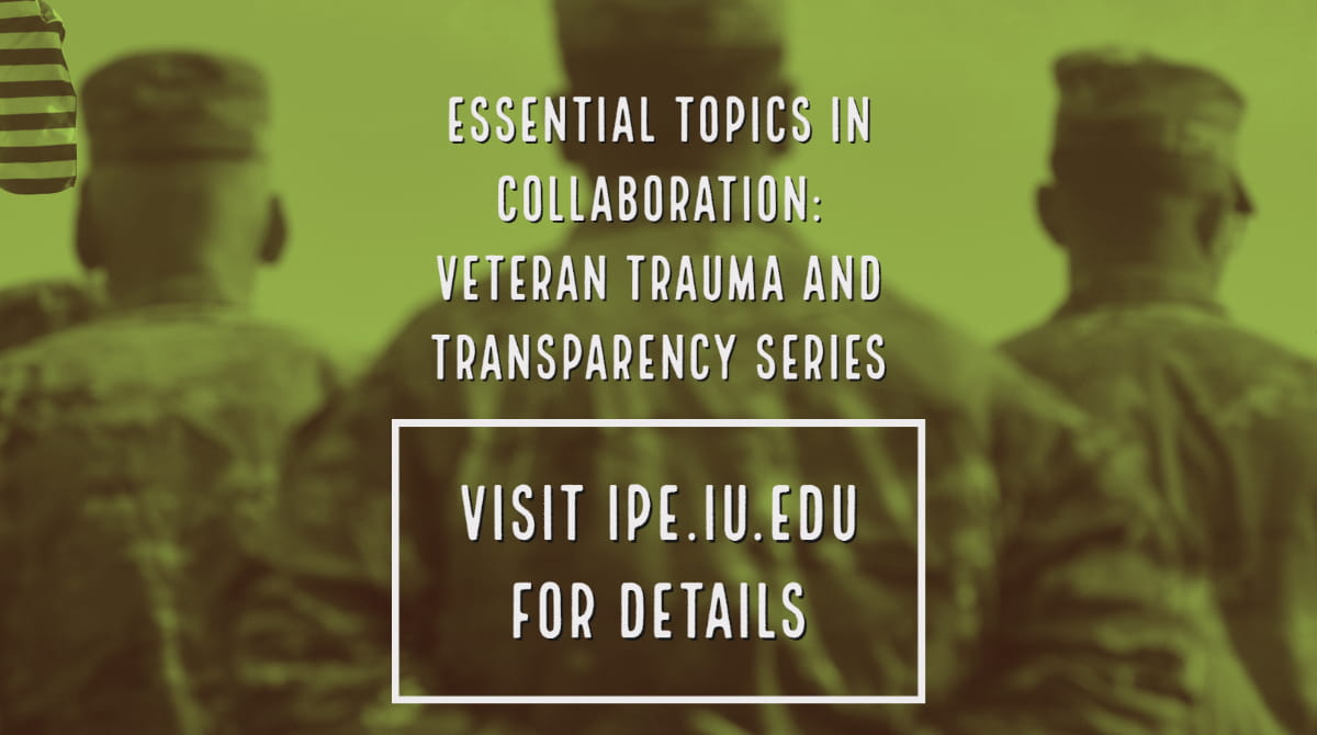 Veteran trauma series promotion showing green image of three veterans facing the flag