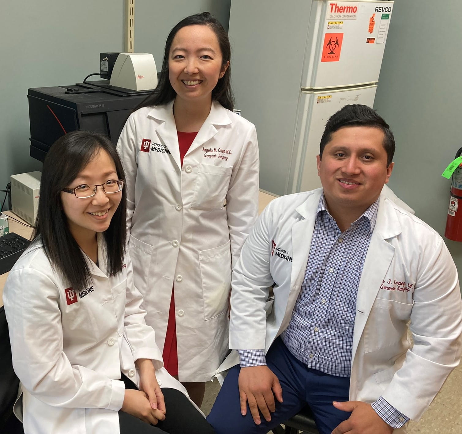 Drs. Yujin Park, Angela Chen, and Kevin Lopez are residents participating in research years in Dr. Burcin Ekser's xenotransplantation lab. 