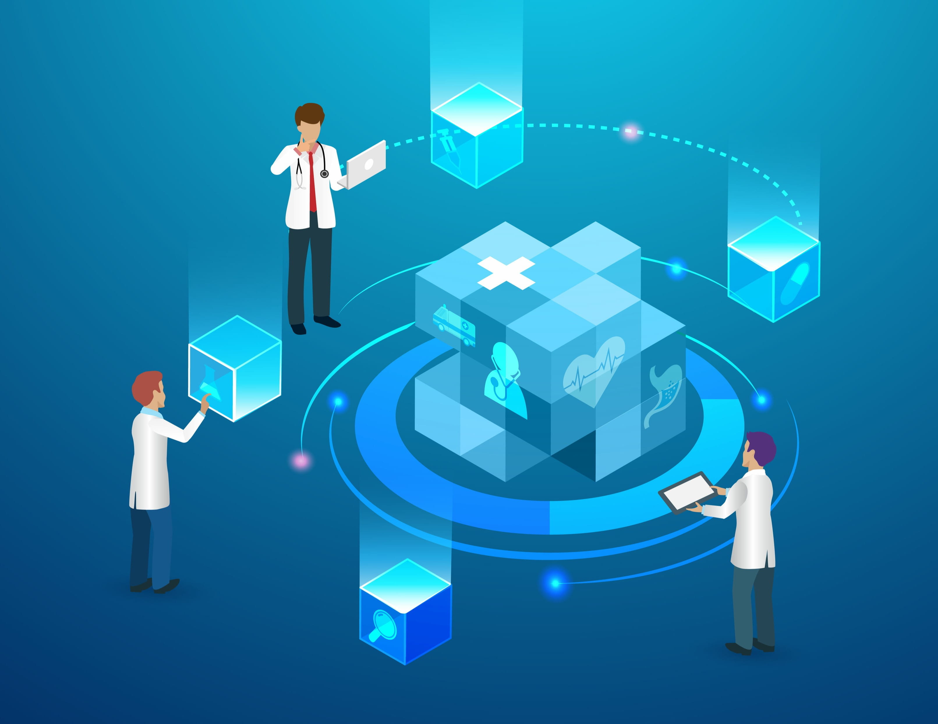 Animated illustration of scientists and clinicians interacting with technology in a circular format. 