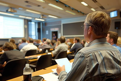 An adult man sits in the back of a classroom watching a lecture