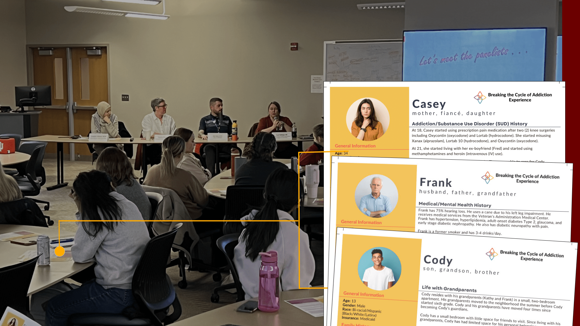 A blended image showing a live educational or professional panel discussion in a classroom setting on the left, and three patient case study profiles overlaid on the right. The panel features several speakers seated at a table facing an audience, with 'Let's meet the patients...' projected on a screen behind them. On the right, the patient profiles, titled 'Casey,' 'Frank,' and 'Cody,' each include a photo, general information, and details related to 'Breaking the Cycle of Addiction Experience,' focusing on aspects like Substance Use Disorder, Medical/Mental Health History, and Life with Grandparents. The overall image suggests a learning or training session focused on understanding patient cases related to addiction and health.