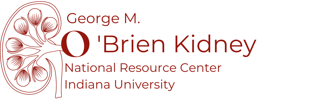 an illustrated kidney with text reading "George M. O'Briend Kidney National Resource Center Indiana University"