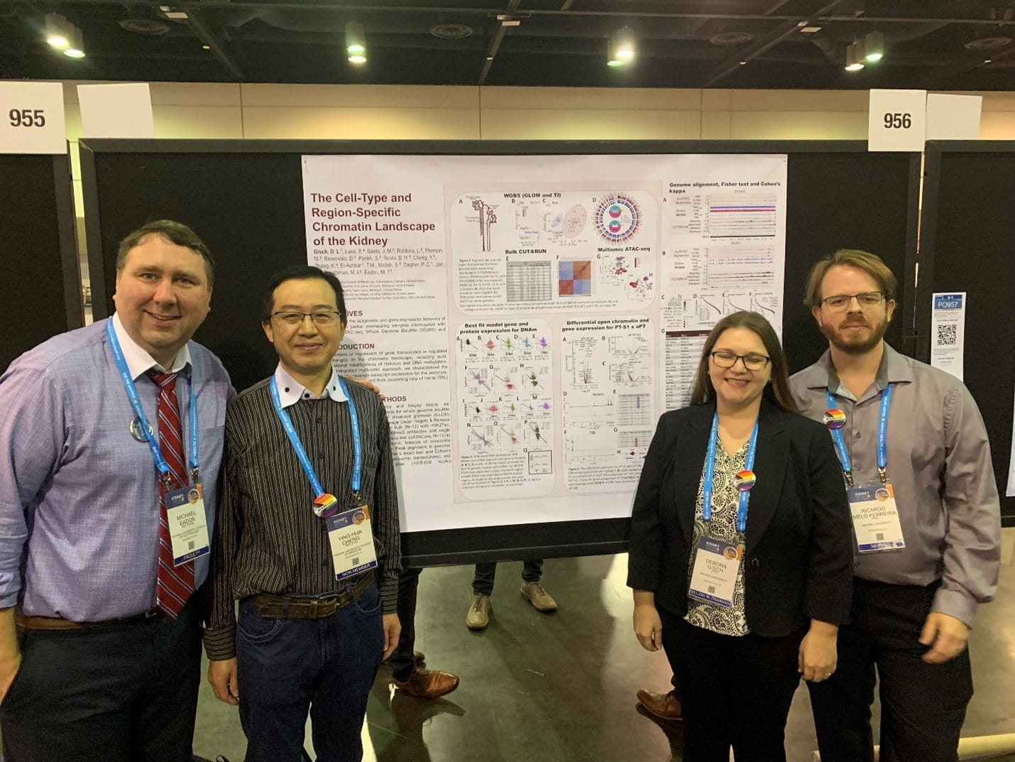 members of the eadon lab wearing conference nametags stand around a poster presentation