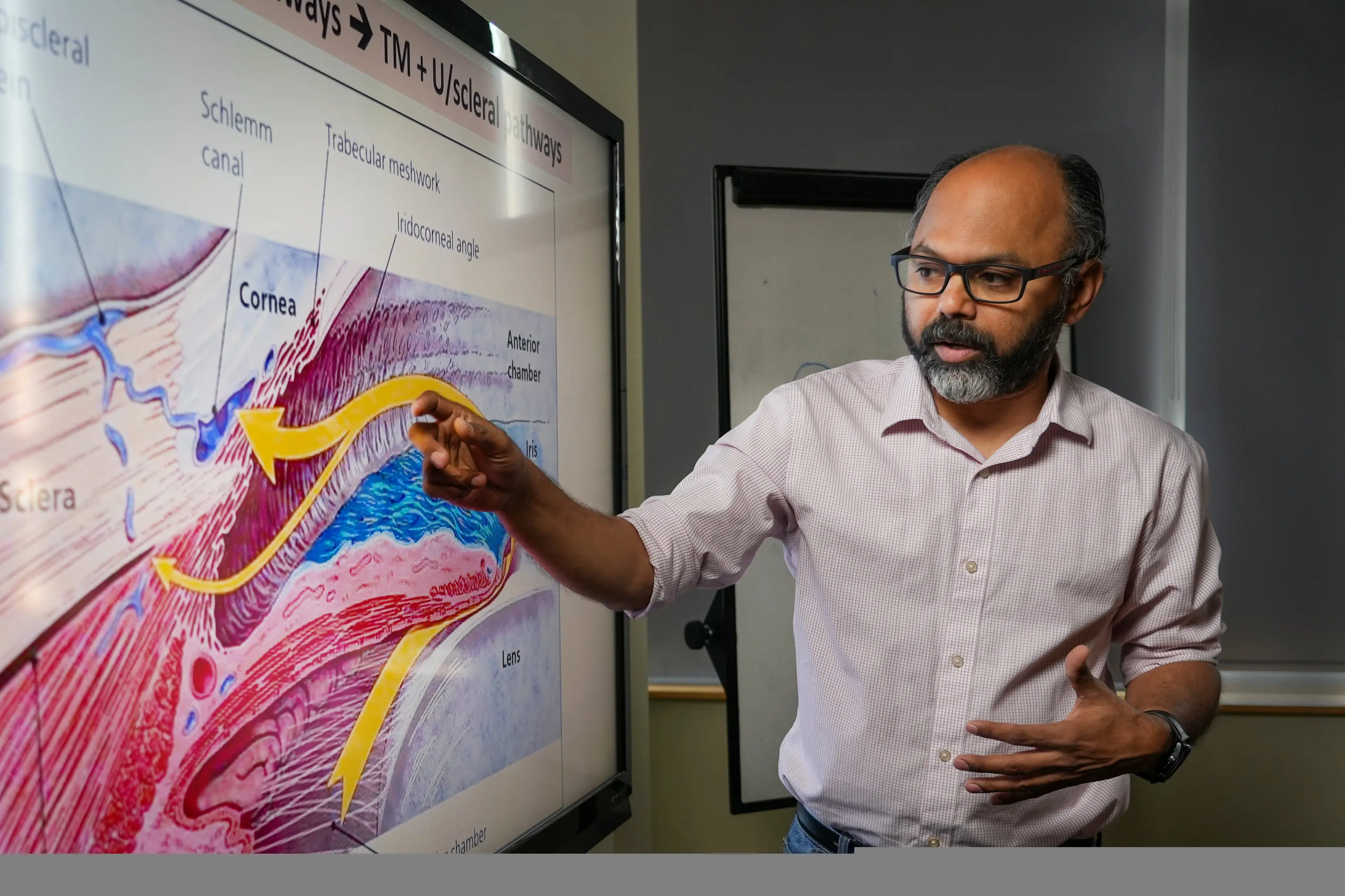 a faculty member speaks in class in front of a monitor display in the glick eye institute