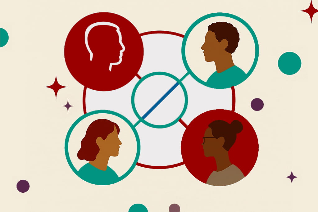 Illustration of four diverse individuals connected by lines in a circular arrangement, symbolizing collaboration and unity. The background is light with scattered colorful dots and star shapes, conveying a sense of energy and inclusivity.