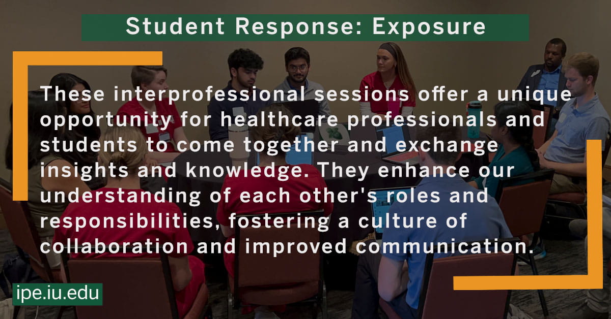 An image of students speaking with each other lays under the text: "These interprofessional sessions offer a unique opportunity for healthcare professionals and students to come together and exchange insights and knowledge. They enhance our understanding of each other's roles and responsibilities, fostering a culture of collaboration and improved communication."
