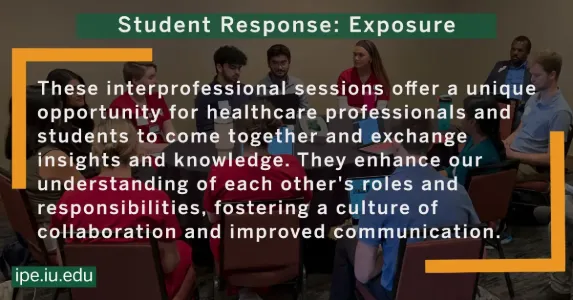 A submitted student response following a TEACH Exposure level experience An image of students speaking with each other lays under the text: "These interprofessional sessions offer a unique opportunity for healthcare professionals and students to come together and exchange insights and knowledge. They enhance our understanding of each other's roles and responsibilities, fostering a culture of collaboration and improved communication."
