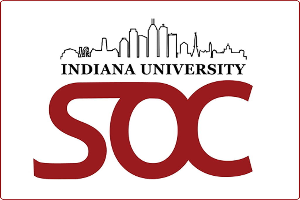 Indiana University logo with skyline silhouette and bold red “SOC” lettering beneath.