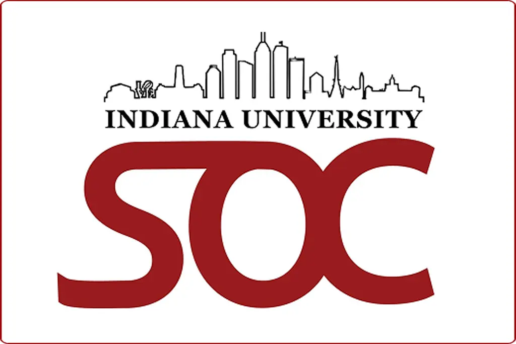 Indiana University logo with skyline silhouette and bold red “SOC” lettering beneath.