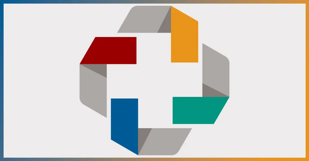 The symbol of IU IPE's TEACH curriculum is an octogon shape featuring grey, gold, green, and blue with negative space in the middle making a medical plus symbol. 