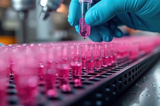 pink test tubes with person dropping pink liquid into them