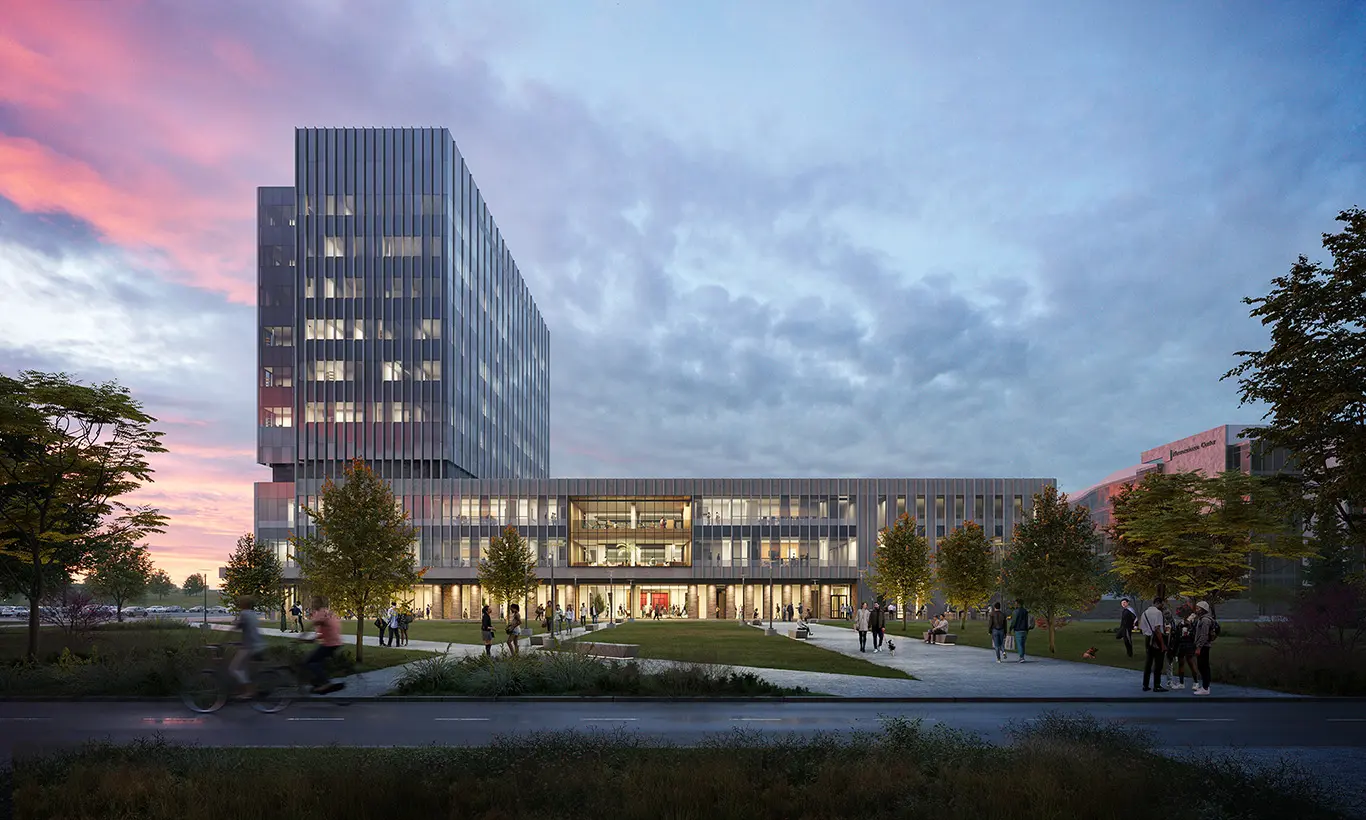 Situated north of downtown Indianapolis, the 11-story building comes with ample green space next to Senate Avenue to the east but offers a short walk for students for clinical rotations at the planned IU Health hospital. 