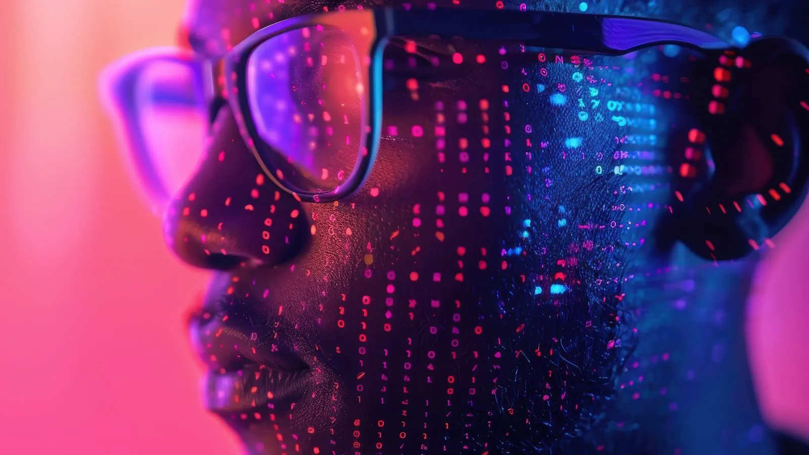 Portrait of a person wearing glasses under vibrant neon lights with digital data projected on their face, creating a futuristic ambiance.