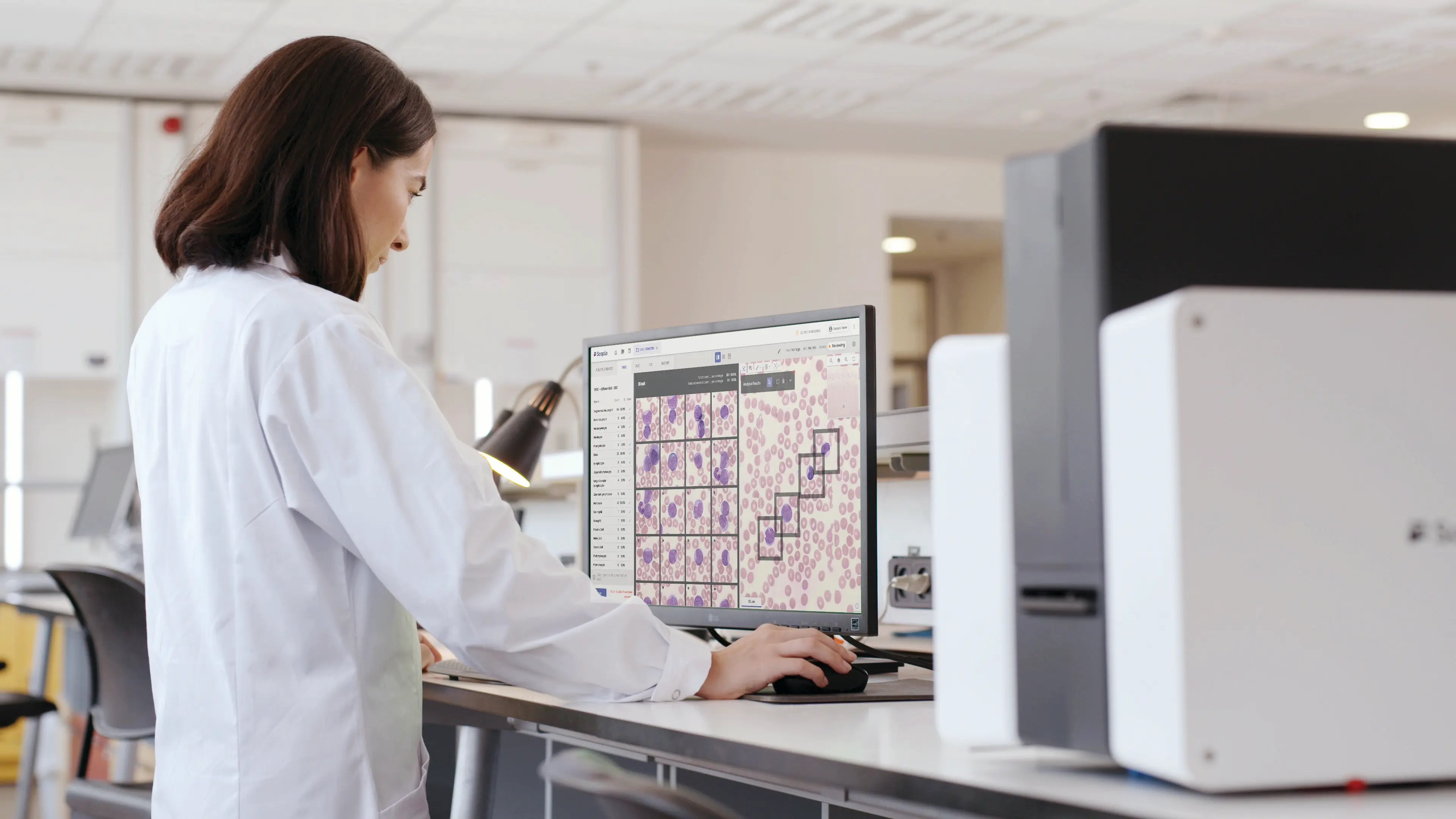 a pathologist in a lab coat stands at a computer monitor reviewing data using AI to analyze blood smears