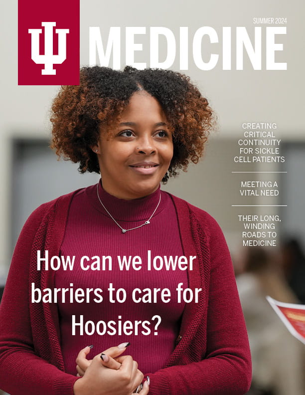 cover of the summer 2024 issue of IU Medicine magazine with a photo of Kamille Ward. Across her chest is the headline "How can we lower barriers to care for Hoosiers?"
