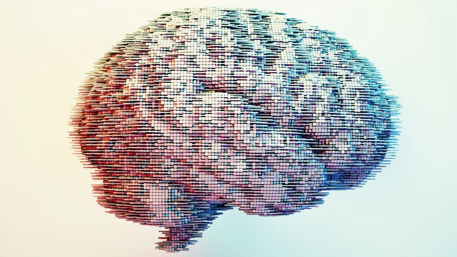 a digital rendering of a brain in multicolored pixels