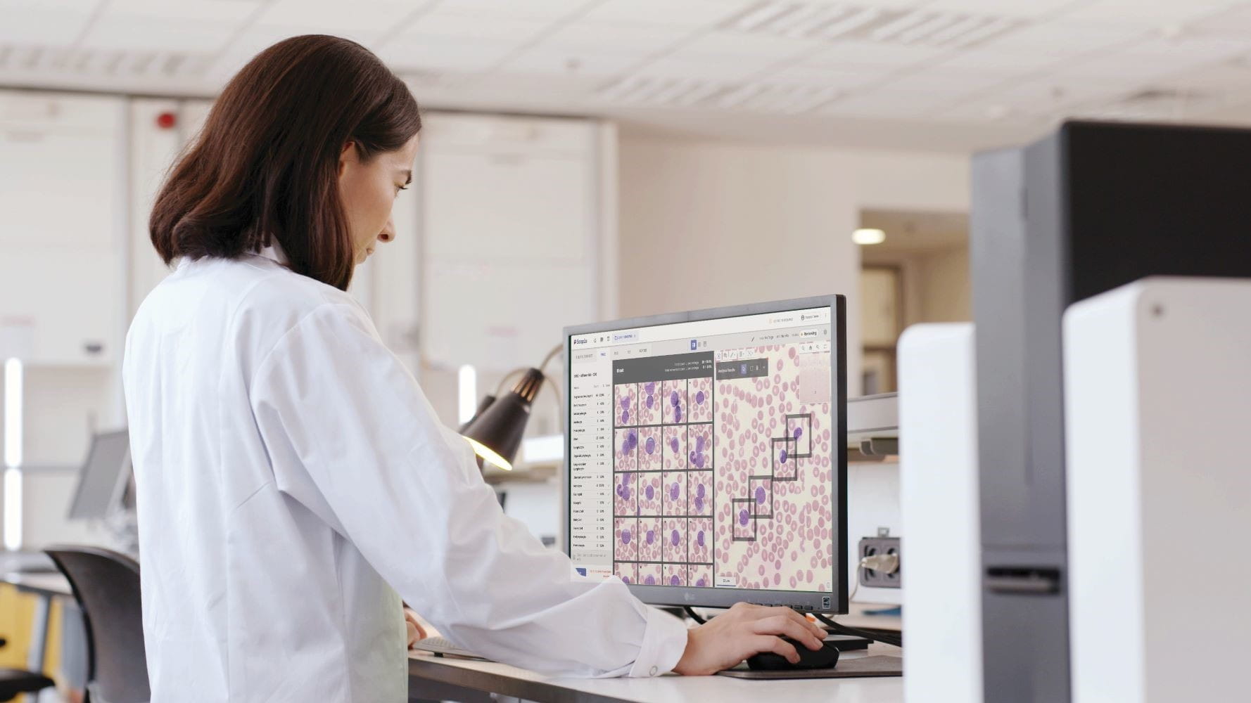 a pathologist in a lab coat stands at a computer monitor reviewing data using AI to analyze blood smears.