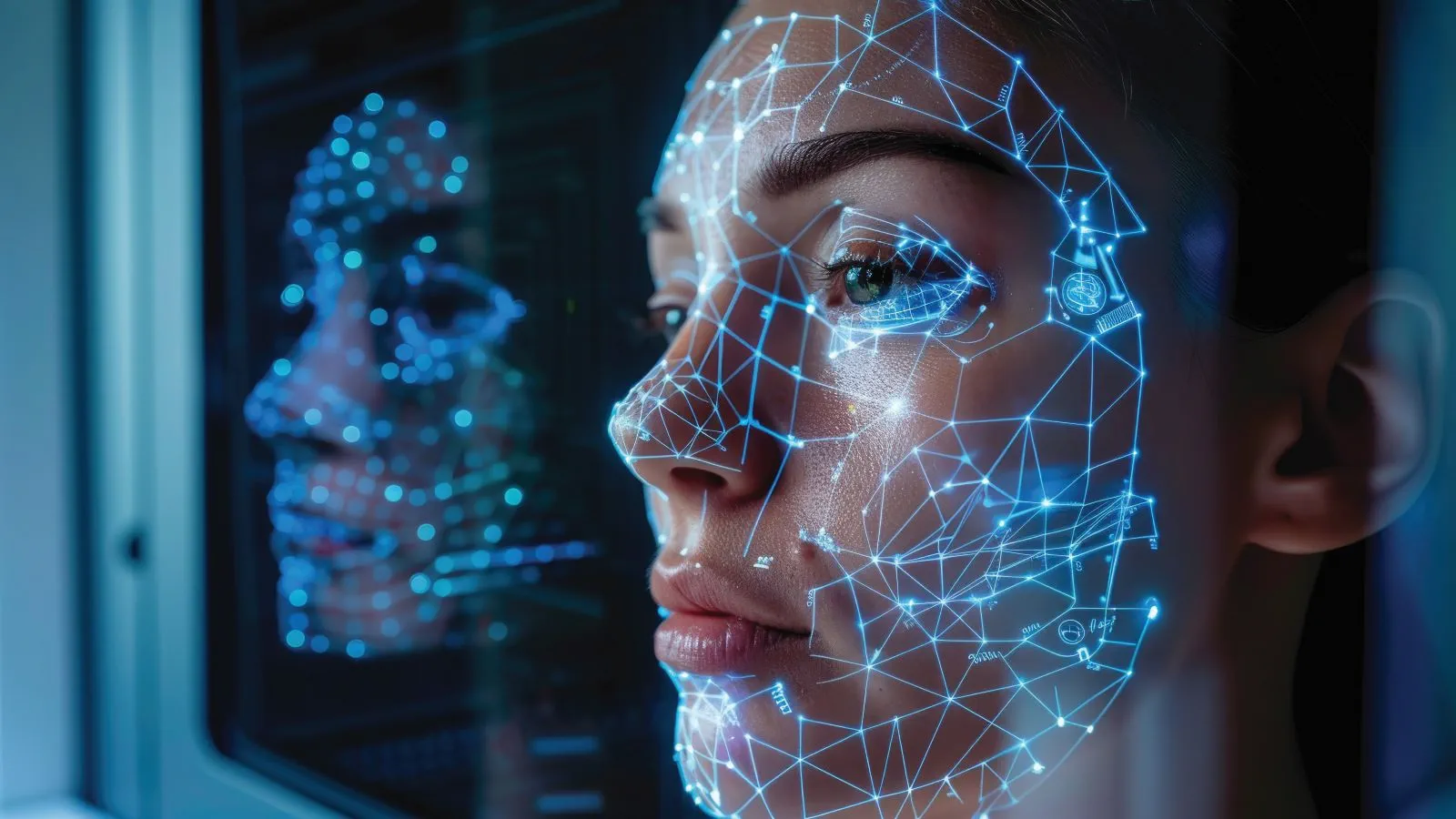 Futuristic portrait merging human and digital elements, showcasing advanced facial recognition technology and AI integration in a striking blue hue over a woman's face
