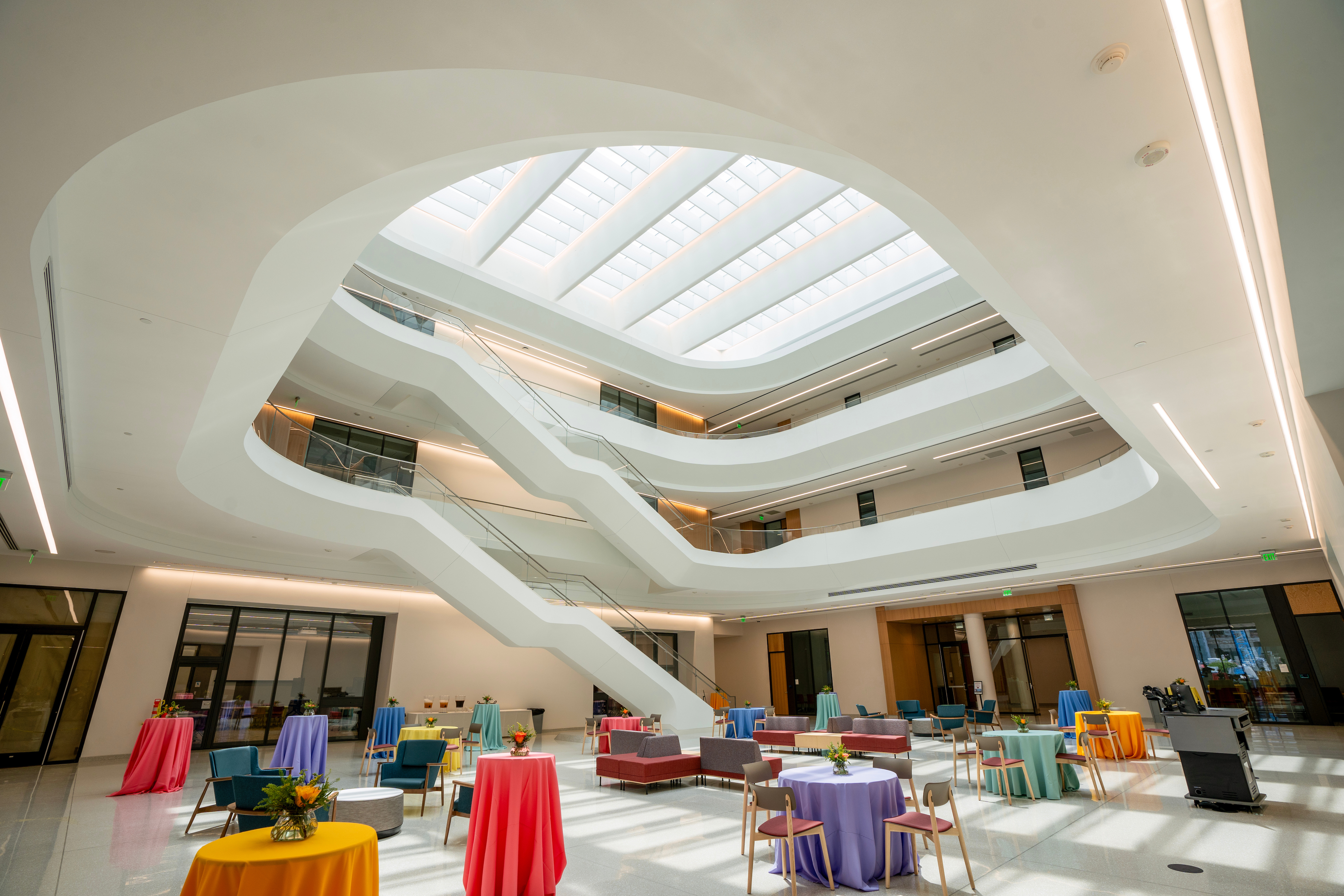 The bright, airy atrium of the new Medical Education and Research Building