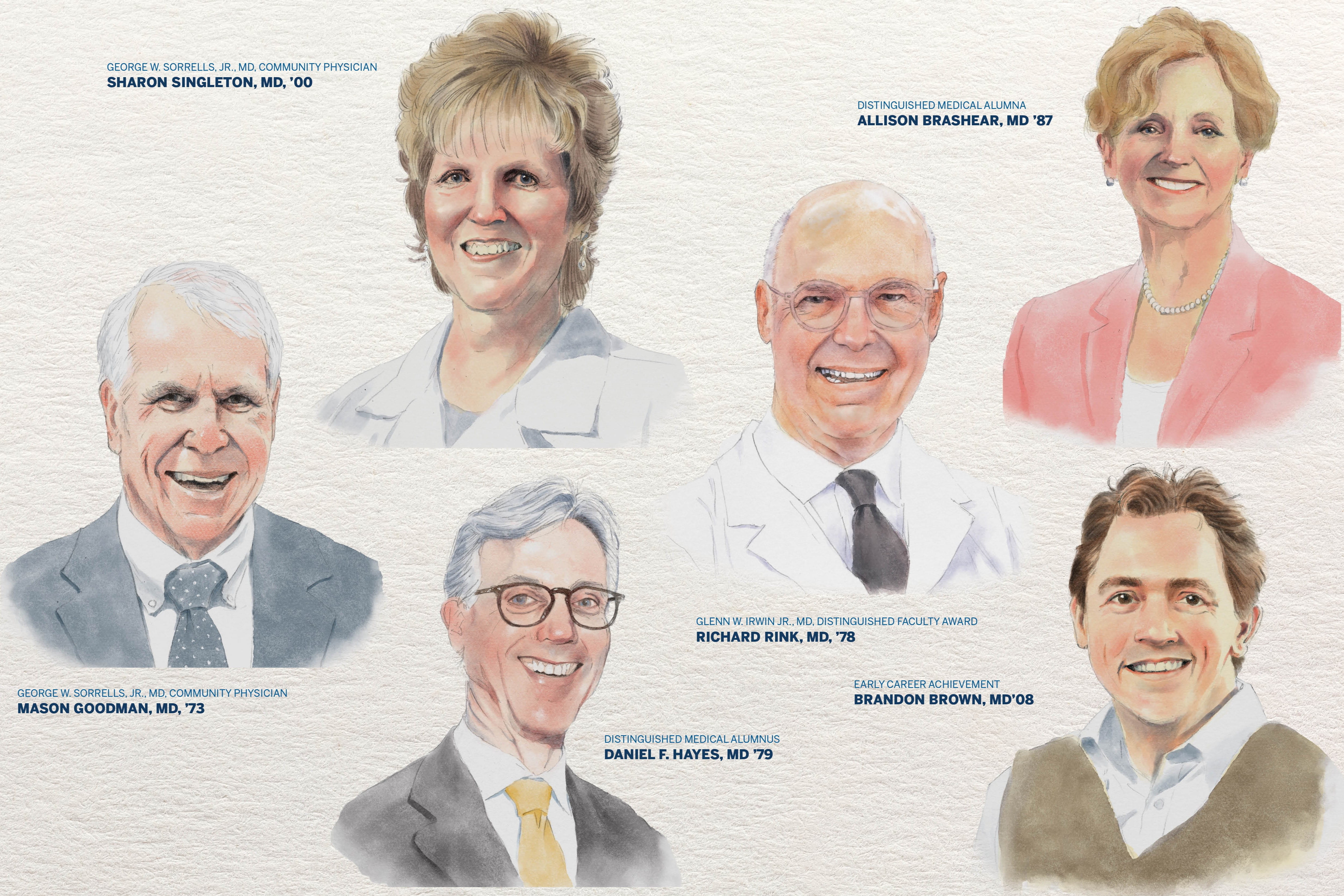 water color painted portraits of the alumni award winners who include Mason Goodman, Sharon Singleton, Daniel Hayes, Richard Rink, Allison Brashear, and Brandon Brown.