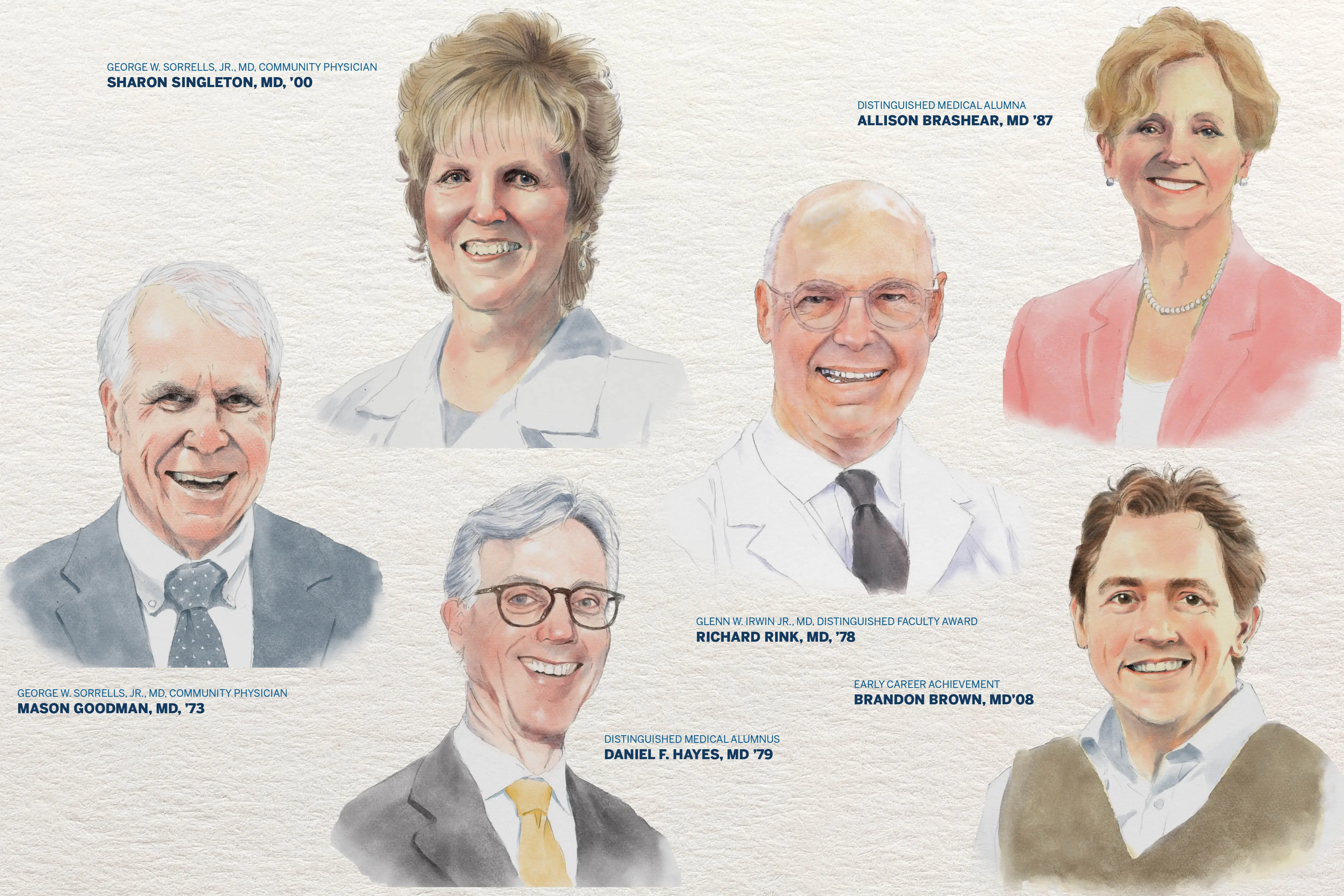 water color painted portraits of the alumni award winners who include Mason Goodman, Sharon Singleton, Daniel Hayes, Richard Rink, Allison Brashear, and Brandon Brown.
