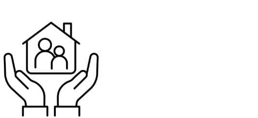 a black and white icon of two hands holding a house with people in it