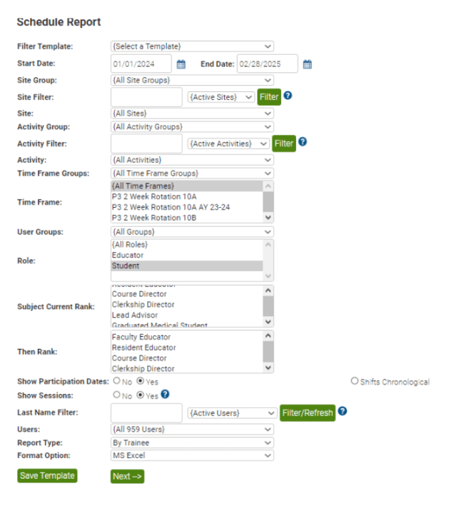 screenshot of report filters