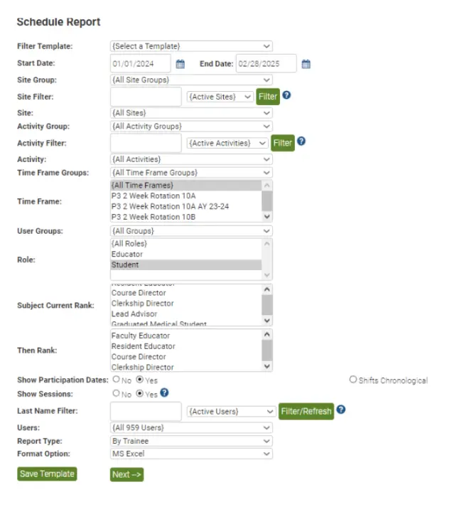 screenshot of report filters