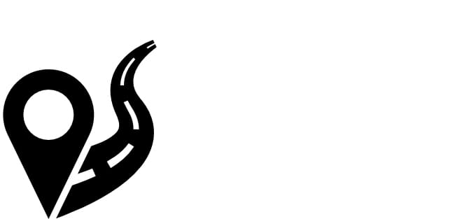 a location pin at the end of a road