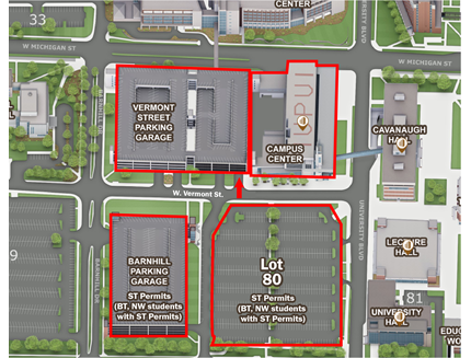 A top-down view of the IU Indianapolis campus center and surrounding parking lots, Vermont Street, Barnhill, and Lot 80.