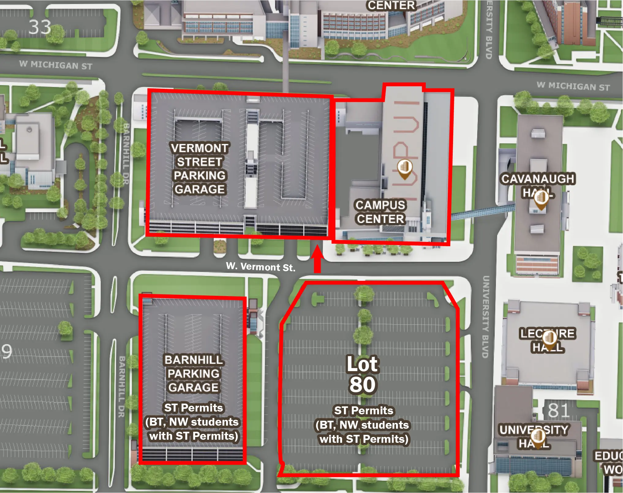 A top-down view of the IU Indianapolis campus center and surrounding parking lots, Vermont Street, Barnhill, and Lot 80.