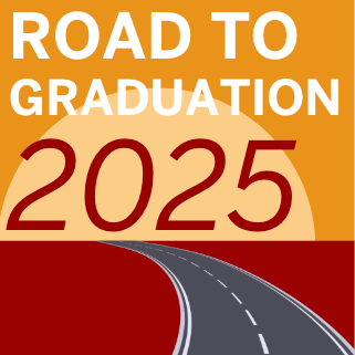 A road vanishes into a yellow sunset, with the words, "Road to Graduation, 2025" overlayed