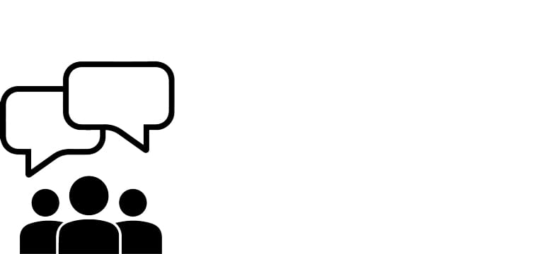 three people with dialogue bubbles over their heads