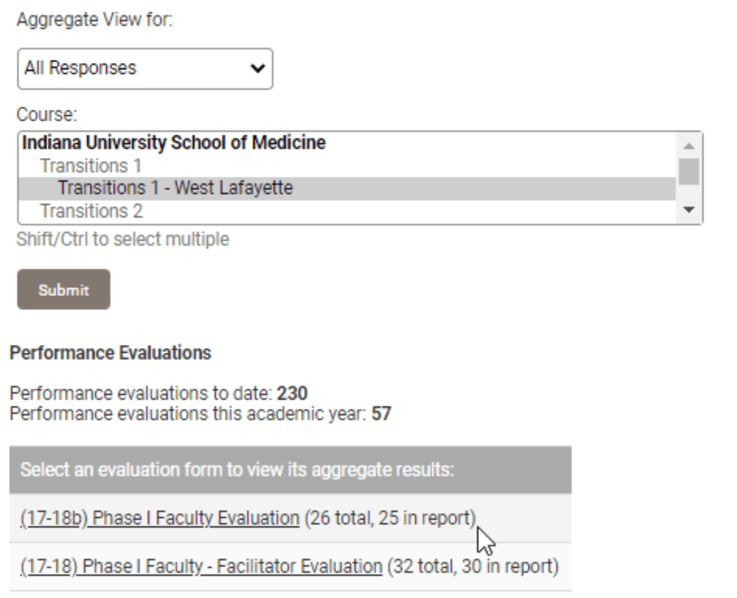 Aggregate View with course select open