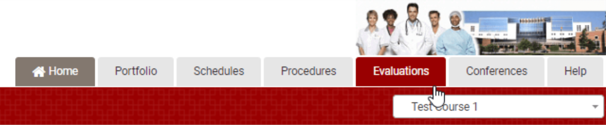 the top nav bar of the med hub screen with the evaluations tab selected