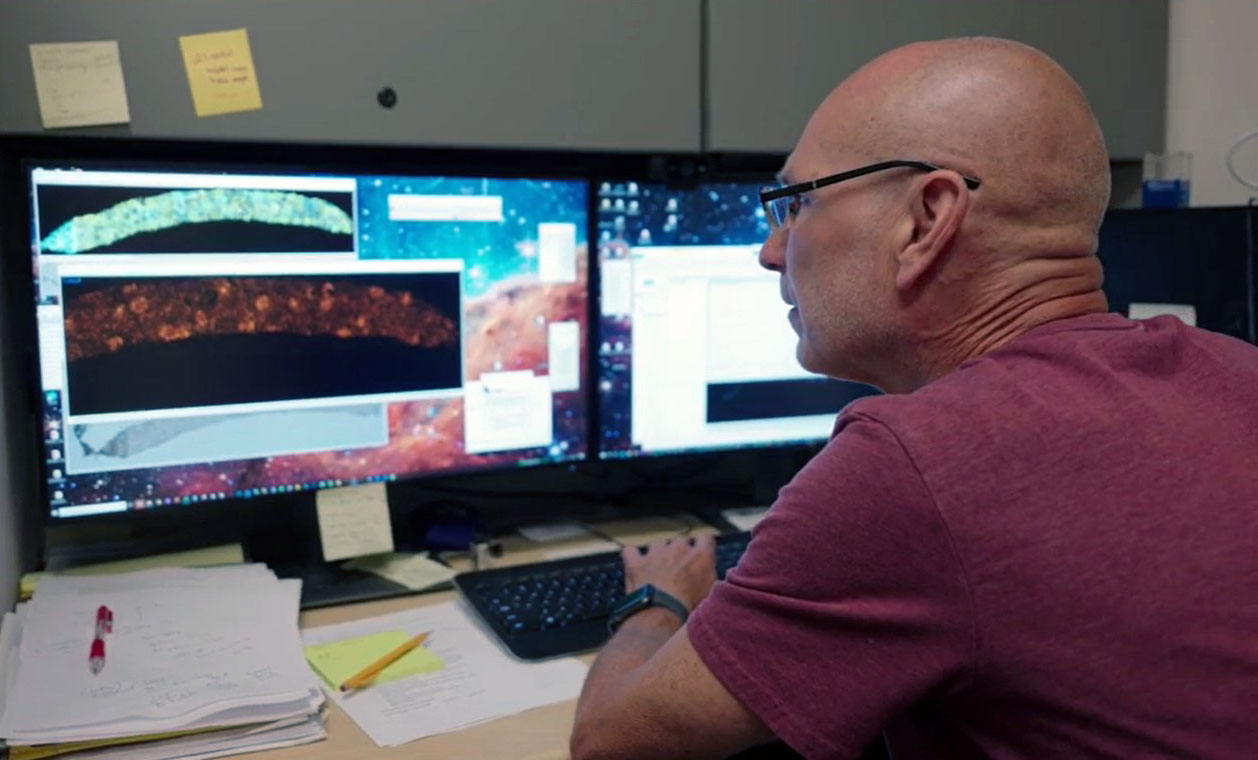 Michael Ferkowicz, PhD, MS, examines images of human kidney cells. 