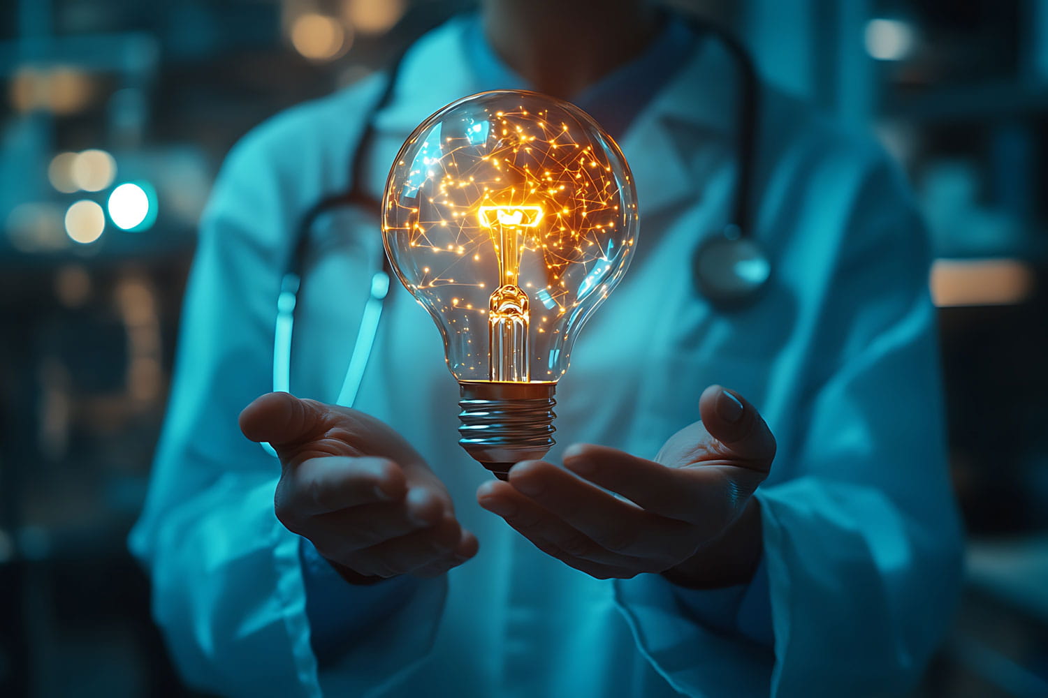 Doctor holding a light bulb symbolizing research innovation