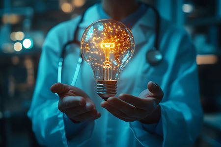 Doctor holding a light bulb symbolizing research innovation