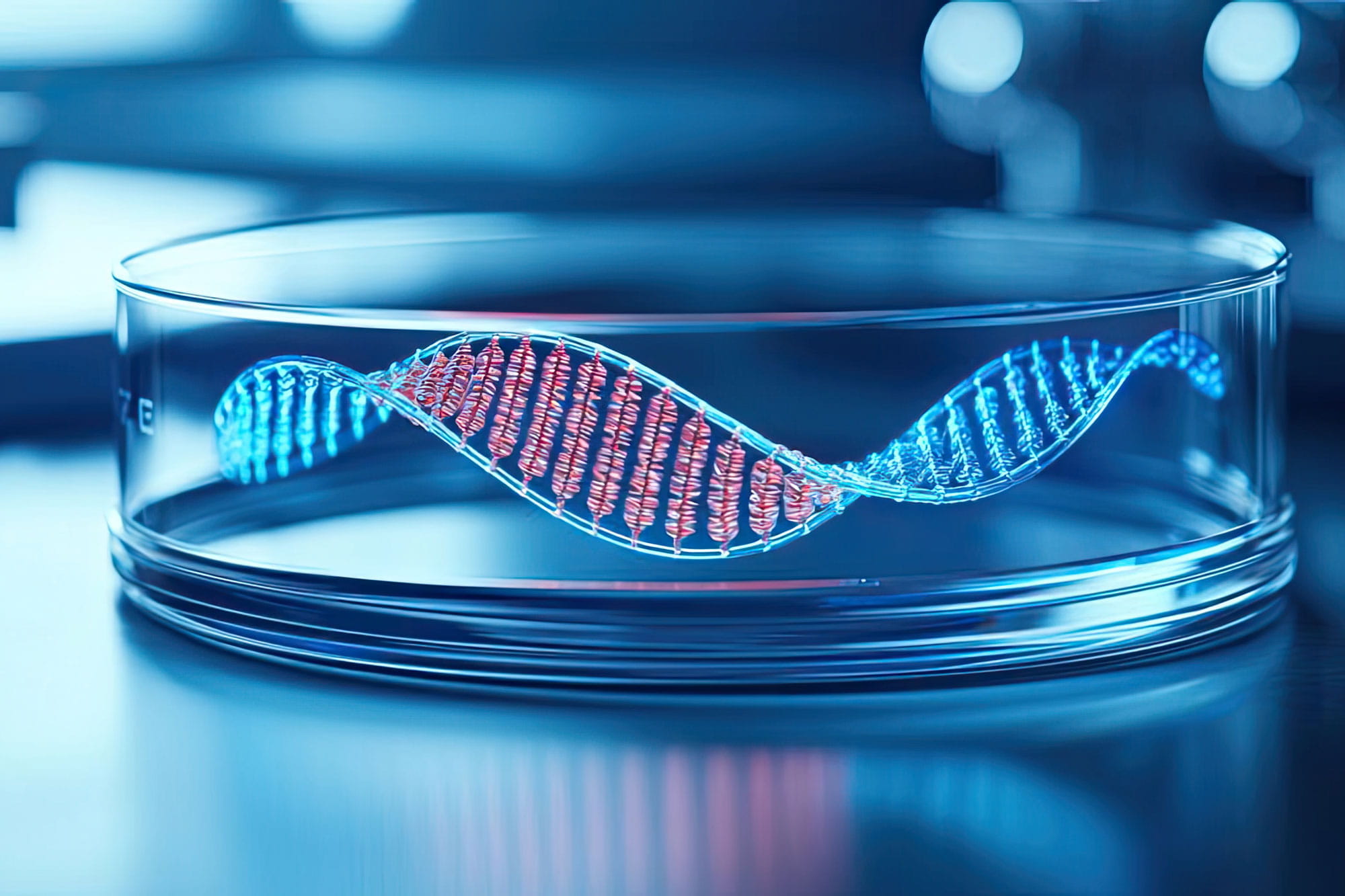 AI conceptual illustration of a DNA strand in a petri dish